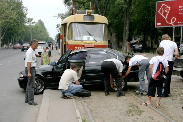 Odessa Ucrania Junio 2008 Accidente Calle Tranvía Embistió Auto Cedas — Foto de Stock