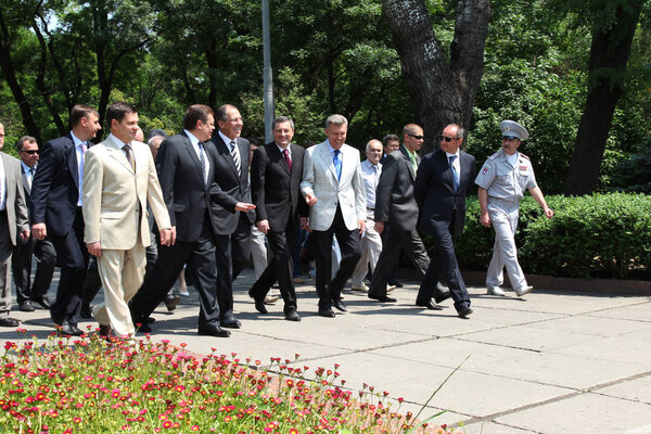 Odessa, Ukraine - April 6, 2011: Foreign Minister Russia Sergey Lavrov, official visit. Laying flowers at Eternal Flame, press conference. Minister Foreign Affairs of Ukraine Konstantin Gryshchenko