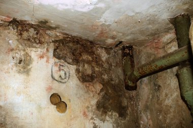 eski kazan dairesinde ıslak Bodrum. Endüstriyel bir binanın terk edilmiş iç. eski kazan dairesi zarar görmüş. Eski paslı boruları. Paslı metal borular delik, mekanizmaları, paslı çalışma dışı elektrik motoru ile