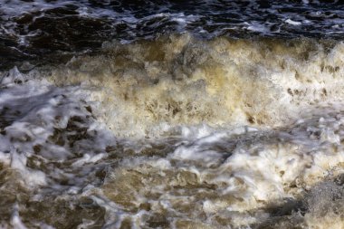 Bir fırtına sırasında dalgalar deniz. Ağır derin deniz dalgaları ile beyaz köpük kara fırtına, deniz fotoğraf arka plan üzerinde doruklarına, armalar