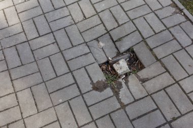 Çukurlar, kışın donma-çözülme çevrimleri neden olan bozuk asfalt yol. Kötü yol. Kaldırımlar kaldırımlar kaldırımda kırık. kaldırım döşeme ile kusurları ile tabaka ve perspektif içinde gelen çatlaklar