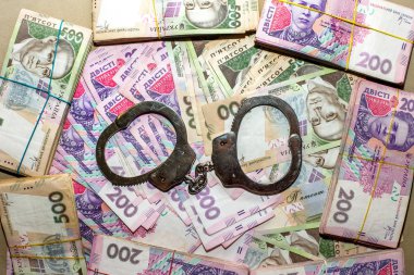 Birçok Ukraynalı para hryvnia. Kelepçe para. Ukrayna yolsuzluk. Yolsuzlukla mücadele. Yolsuzluk hükümet ve ülke işinde fiziksel kanıt