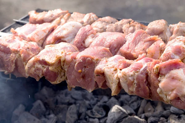 Råa Marinerade Shashlik Grill Foto Med Selektiv Inriktning — Stockfoto