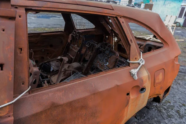 Verbrande Auto Auto Parkeerplaats Brand Gestoken Bandit Oorlogen Vernietiging Van — Stockfoto
