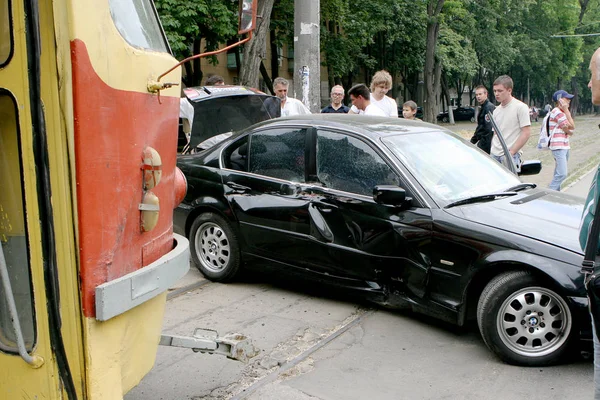 Odessa Ucrania Junio 2008 Accidente Calle Tranvía Embistió Auto Cedas — Foto de Stock
