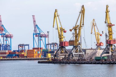 Odessa, Ukrayna - 6 Ekim 2015: Konteyner Vinç konteyner terminal kargo limanında, kargo vinçler olmadan işe bir boş bağlantı noktası limanda. Kriz. Öndeğer olarak devletin tüm ekonomi felç