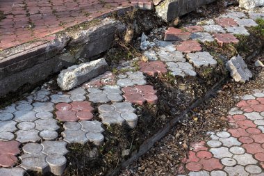Eski, açık, taştan bir merdiven. Taş, eski merdivenlerin çimento basamaklarında yıpranma ve yıpranma izleri var. Eski taş bir merdiven, eski kırık basamaklar. Seçici odak