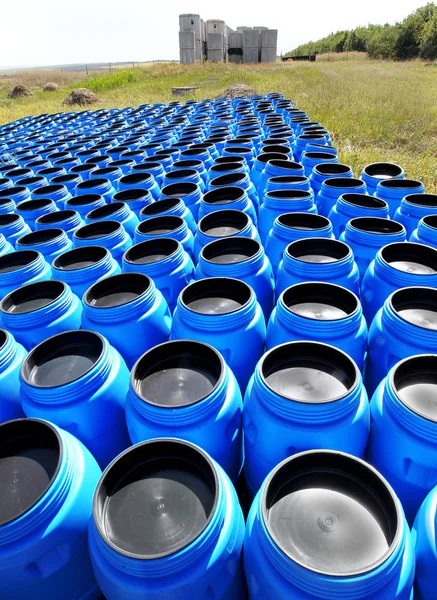 Blue Plastic Barrels Storing Transporting Hazardous Chemicals Open Stock Poisonous — Stock Photo, Image