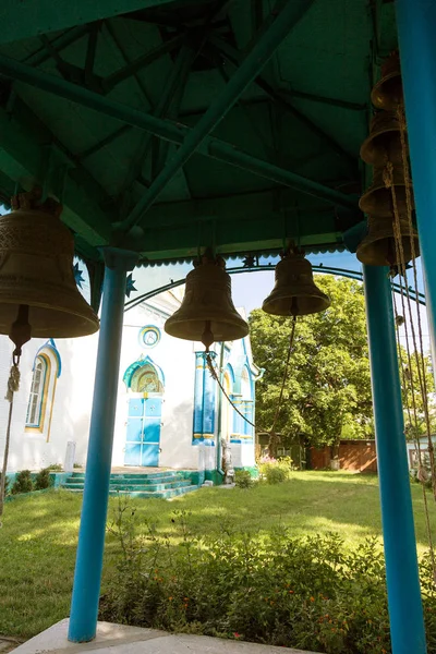 Russian orthodox bronze bells of belfry of Orthodox Christian Church of St. Ilya in zone of alienation of nuclear disaster in Chernobyl, Ukraine. Ancient bells of bell tower of temple
