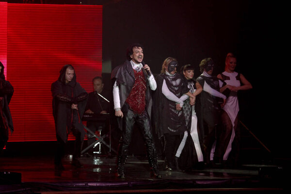 Odessa, Ukraine, April 17 2012: Pop concert iconic Russian singer Philip Kirkorov in Odessa. Bright colorful light and theatrical show with the full house.