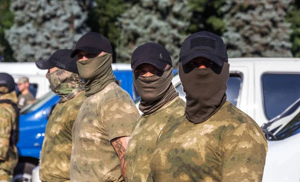乌克兰奥德萨 2018年8月1日 乌克兰警察特种部队以特殊武器在全副武装的战斗中 乌尔凯纳特种部队快速反应警察 反恐部队 — 图库照片
