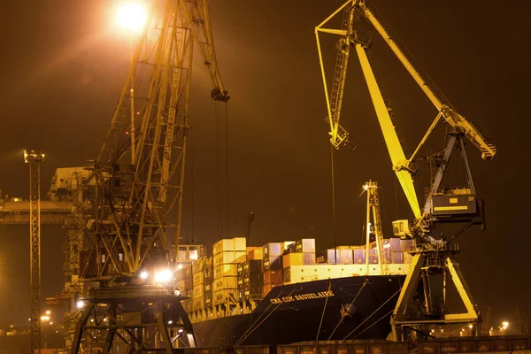 November Odessa Kirakodási Betöltése Konténer Iyichevck Seaport Tengeri Hajók Éjszaka — Stock Fotó