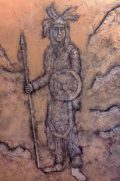 Taş Cephe Fresk Duvar Dekorasyonu Kısma Kovboy Kızılderililer Görüntü Amerika — Stok fotoğraf