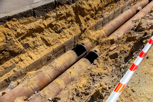 Fragments Old Large Water Pipes Many Years Operation Destroyed Metal — Stock Photo, Image