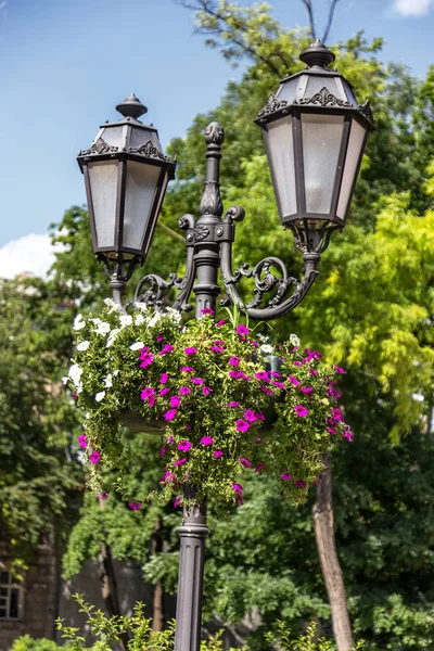 Lámpara Calle Vintage Está Bellamente Decorada Con Jarrones Flores Frescas —  Fotos de Stock