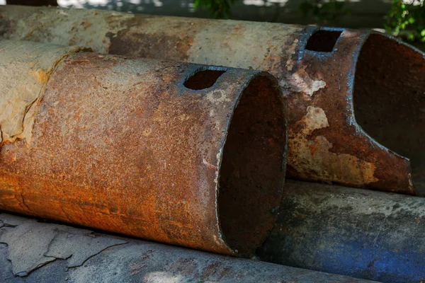 Fragments Old Large Water Pipes Many Years Operation Destroyed Metal — Stock Photo, Image