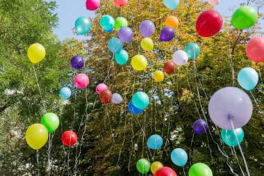 Renkli renkli şişme topları arka plan, ağaç ve mavi gökyüzü hava festival festival süresince uçakla. Selam renkli balonları gökyüzünde. Mutlu tatil arka plan