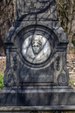 Jitomir, Ukrayna - 22 Nisan 2015: Tarihi Lehçe Katolik Mezarlığı. Anıtlar, heykeller melekler tarafından Vandallar yok mezar üzerinde. Hıristiyan mezarlığı 400'den fazla yıl.