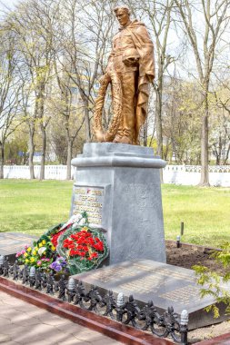 Jitomir, Ukrayna - 23 Nisan 2015: İkinci Dünya Savaşı ve Ukraynalı milliyetçiler, iç savaş, Ato Donbas yeni Rusya'da öldürüldü faşistler mezar yakınındaki bir anıt ölen Şehitliği askerler