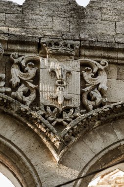 Eski bina sanat Barok tarzında 18. yüzyıl heykel tasarım detay. Oyma süslemeler, kısma, aile arması ve hanedanlık armaları binanın cephesinde. Cephe heykel