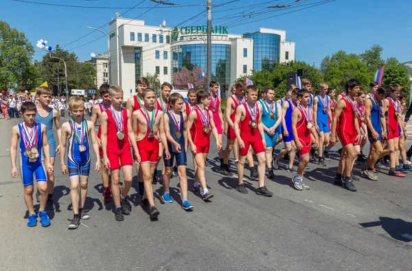 Novorossiysk Ryssland Maj 2018 Maj Demonstration Fred Jobb Kan Personer — Stockfoto