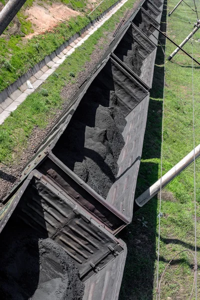 Freight Railroad Cars Black Fine Coal Moved Rail Top View — Stock Photo, Image