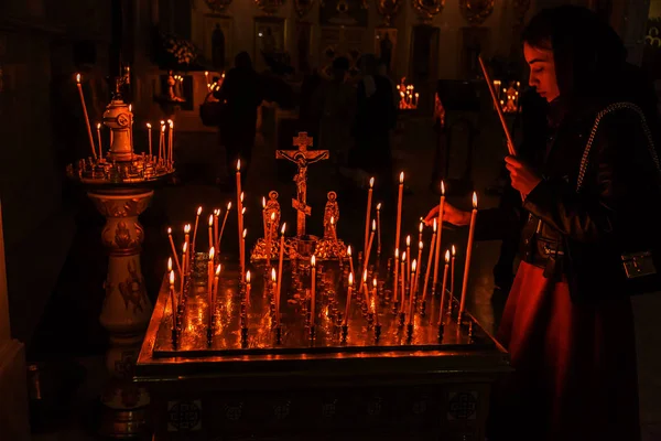 Odessa Ukraine Circus 2018 Burning Candles Orthodox Church People Light — Stock Photo, Image