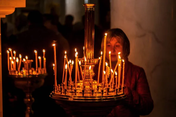 Odessa Ukraine Circus 2018 Burning Candles Orthodox Church People Light — Stock Photo, Image