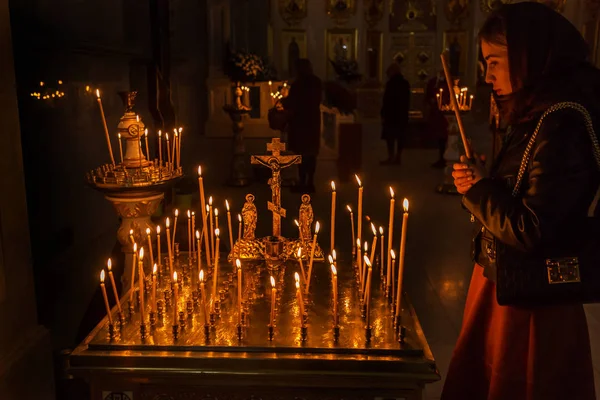 Odessa Ukraine Circus 2018 Burning Candles Orthodox Church People Light — Stock Photo, Image