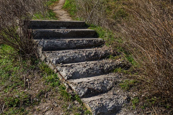 Hermosas Ruinas Pintorescas Antiguas Escaleras Piedra Rota Enfoque Selectivo Con —  Fotos de Stock