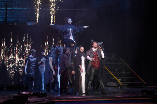 Odessa, Ukraine, April 17 2012: Pop concert iconic Russian singer Philip Kirkorov in Odessa. Bright colorful light and theatrical show with the full house.
