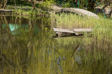 Rustik ahşap eski köprü. deforme olmuş ve harap ahşap köprüden kanal, imha ahşap köprü imha kavramı. Nehri üzerinde ahşap çıta ile kırsal yaya köprüsü