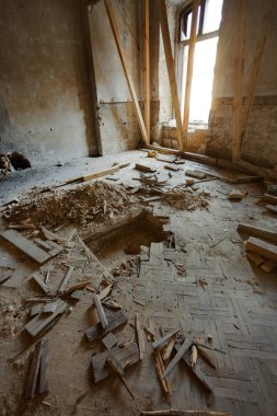 Terk edilmiş bir harabe binada bir antik 18. yy binası mistik iç, kalıntıları. Eski duvarlar, çöp ve çamur ile koridor mahvetti. Kalıp, alçı dekorasyon, kısma yok