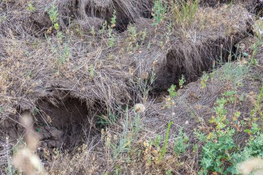 Çevreye zararlı bir bölgede dağ heyelan. Yeryüzündeki büyük çatlaklar, toprak yolu kapatan büyük katmanların inişi. Dağ yamacının yamacında baraj tehlikesi