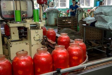 Odessa, Ukrayna - 25 Eylül 2015: domates konserve meyve ve sebze fabrika üretim çalışma süreci. Konserve Gıda üretim işçilerin. Sebze işleme.