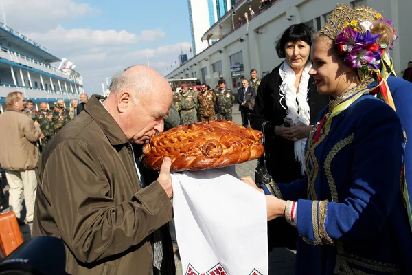 ODESSA, UKRAINE - 6 October 2010: Ship friendship Marschal Koshevoy with World War II veterans came to the sea port of Odessa