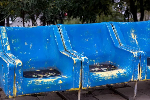 Empty old plastic chairs for spectators. Number of empty seats in old small place. Scratched worn blue plastic seats for important fan visitors. Rows of plastic fiberglass chairs on platform ferry bus