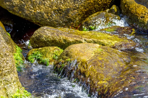 Velká Vlna Splash Mořská Voda Narážející Skály Útesy Modrá Obloha — Stock fotografie