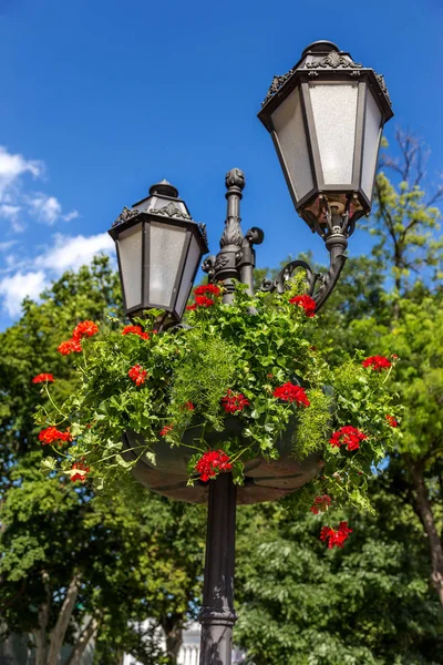 Vintage Straat Lamp Prachtig Gedecoreerd Met Vazen Van Verse Bloemen — Stockfoto
