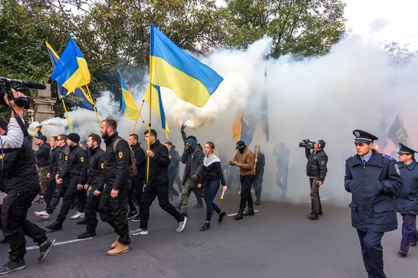 Odessa Ucrânia Outubro 2015 Procissão Torchlight Extremistas Radicais Partidos Esquerda — Fotografia de Stock