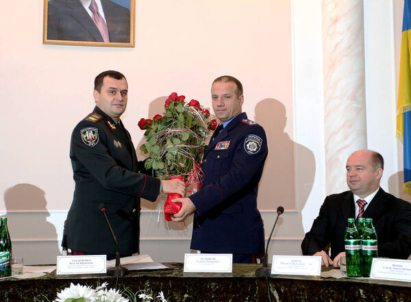 Odessa, Ukraine - December 30, 2011: Minister of Internal Affairs (police) Ukraine Vitaliy Zakharchenko after the coup declared criminal. Working trip to Odessa, December 30, 2011 in Odessa, Ukraine