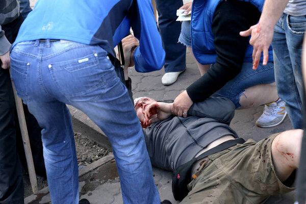 ODESSA, UKRAINE - May 2, 2014 : The tragic riots in downtown committed radical Ukrainian nationalists that caused massive loss of life death May 2, 2014 in Odessa , Ukraine.