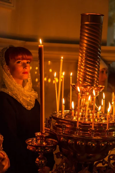 Odessa Ukraine Circus 2018 Burning Candles Orthodox Church People Light — Stock Photo, Image