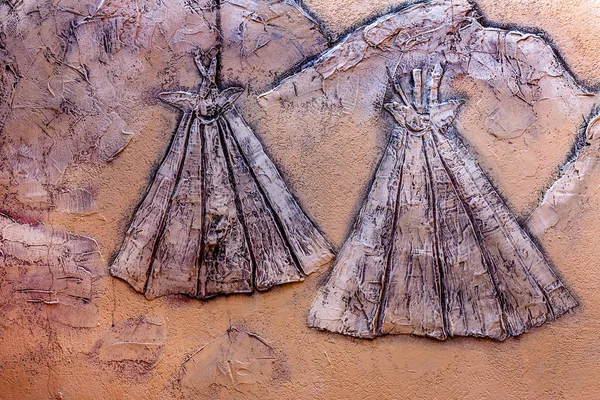 Pedra Fachada Decoração Parede Livre Imagem Relevo Cowboy Índios Paisagens — Fotografia de Stock