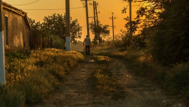 man walks along country road in fall in sunset. man walking along road, backlit at sunset, amid rural landscape of Ukrainian village. Beautiful meditative rural landscape at sunset of day