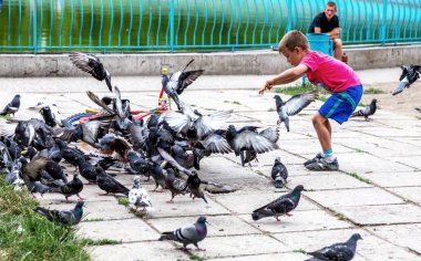 Odessa, Ukrayna - 18 Haziran 2014: küçük çocuk beslemeleri bir sürü Rock güvercinler ekmek yaz göl Promenade city Park, 18 Haziran 2014 Odessa, Ukrayna.