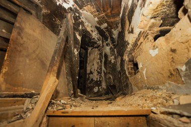 Terk edilmiş bir harabe binada bir antik 18. yy binası mistik iç, kalıntıları. Eski duvarlar, çöp ve çamur ile koridor mahvetti. Kalıp, alçı dekorasyon, kısma yok