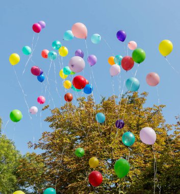 Renkli renkli şişme topları arka plan, ağaç ve mavi gökyüzü hava festival festival süresince uçakla. Selam renkli balonları gökyüzünde. Mutlu tatil arka plan