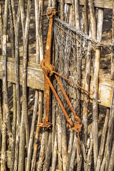 Estructura Asociada Ramitas Palos Una Cerca Rural Madera Vintage Con —  Fotos de Stock