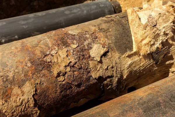 Fragments Old Large Water Pipes Many Years Operation Destroyed Metal — Stock Photo, Image